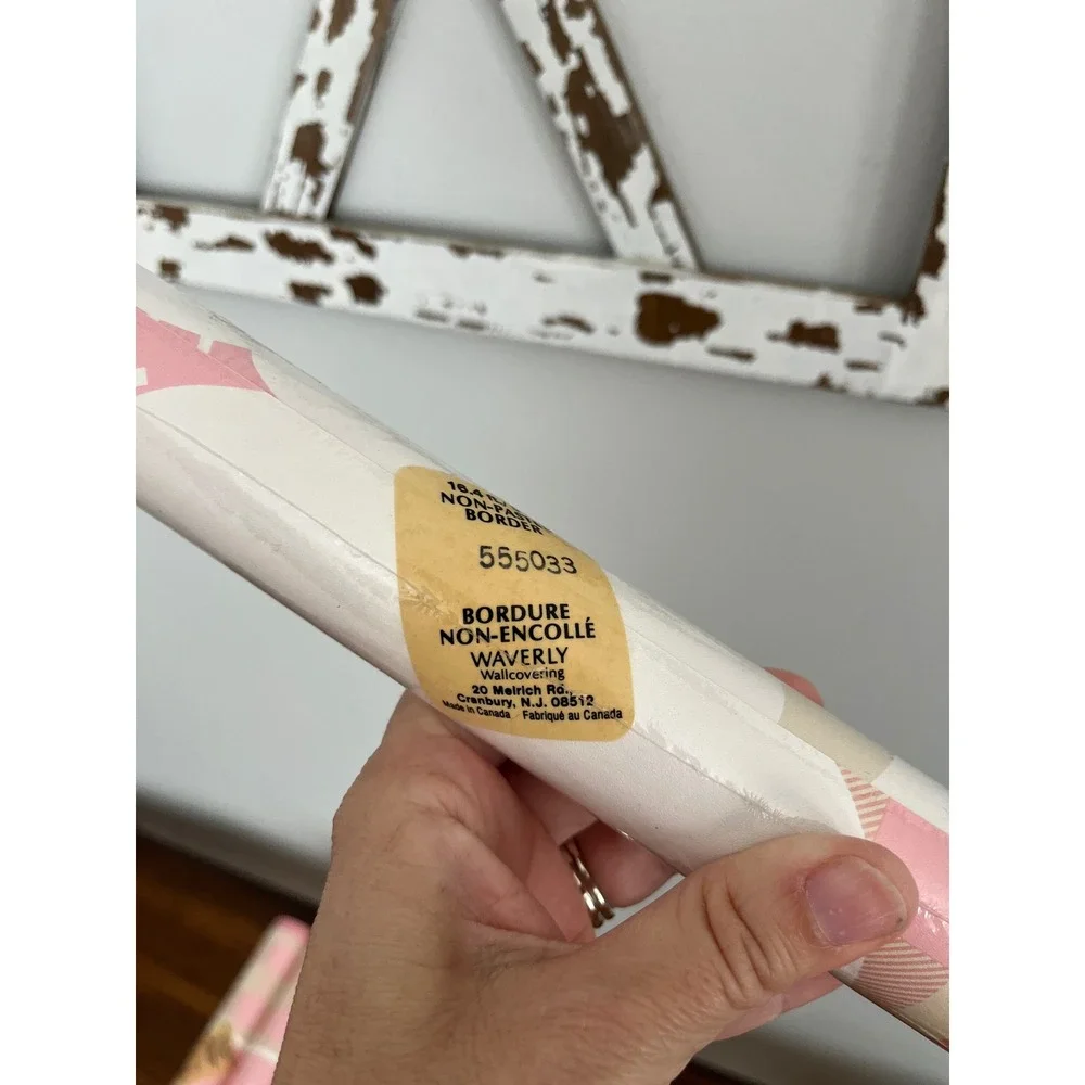 Waverly Non-Pasted Wallpaper Border Pink and white with cat gingham Vtg decor